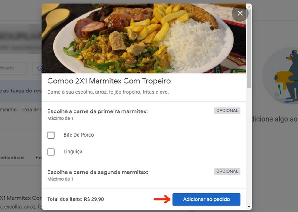 Seleção de acompanhamentos para delivery de comida pelo Google — Foto: Reprodução/Raquel Freire