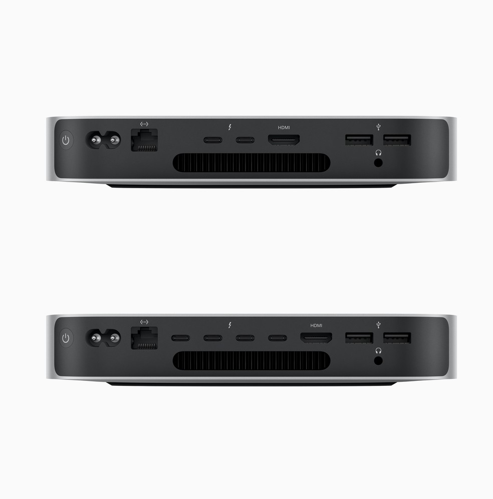 Comparativo entre as conexões do Mac mini com M2 (acima) e M2 Pro (abaixo) — Foto: Divulgação/Apple