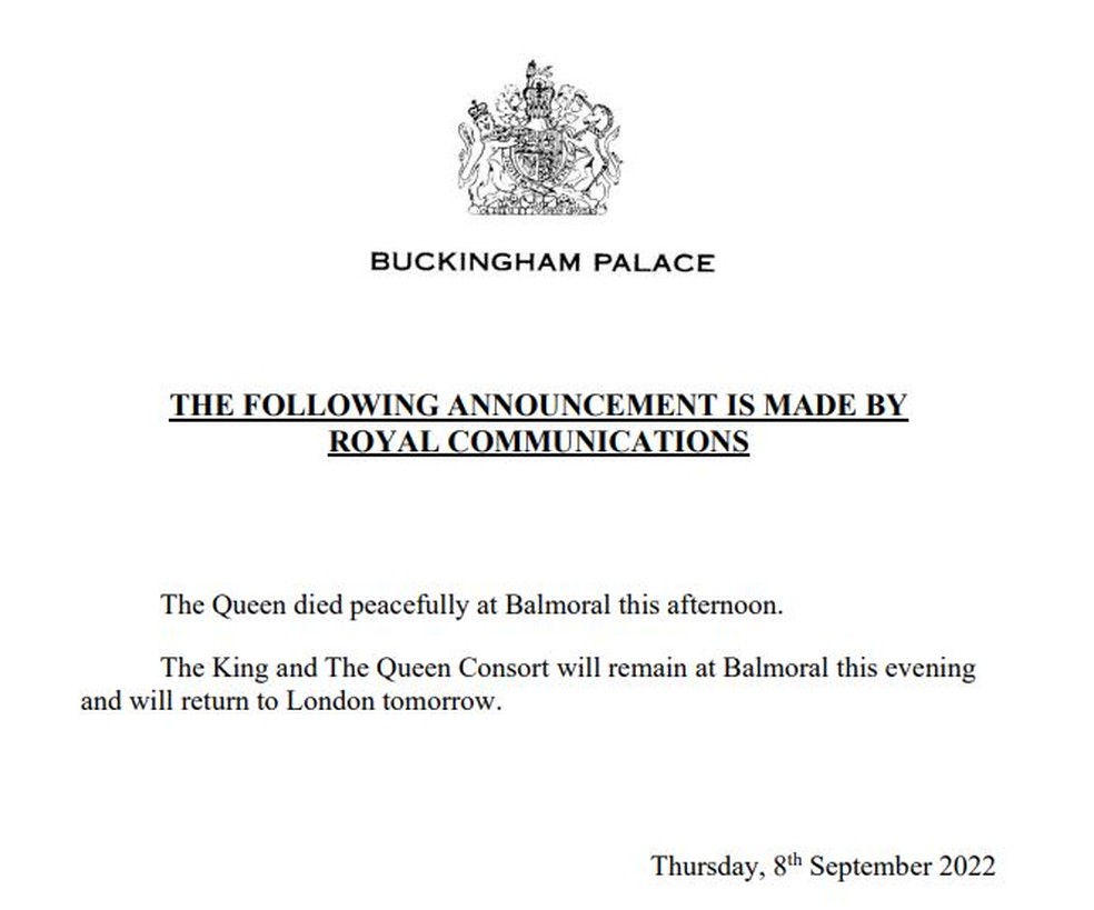 Comunicado oficial sobre a morte de Elizabeth II — Foto: Palácio de Buckingham