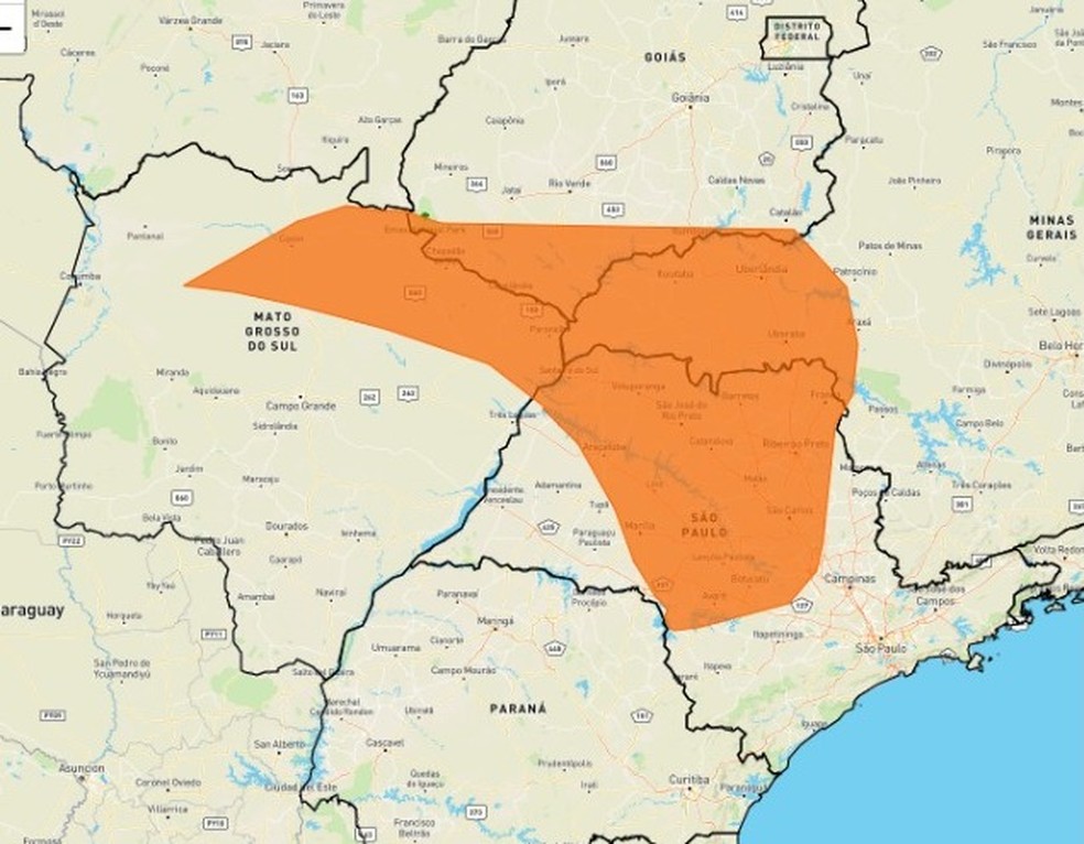 Mapa do Inmet mostra região do Triângulo e Alto Paranaíba em laranja — Foto: Inmet