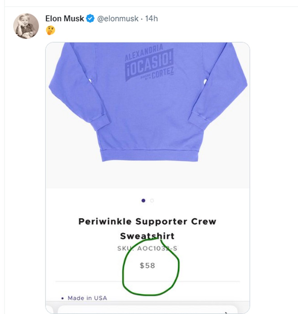Em resposta a Ocasio-Cortez, Musk publicou uma imagem de um suéter vendido por US$ 58 pela deputada. — Foto: Reprodução