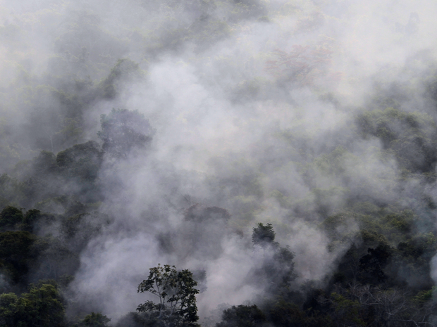 Um helicóptero auxilia os brigadista no combate ao fogo (Foto: Vinícius Mendonça/Ibama)