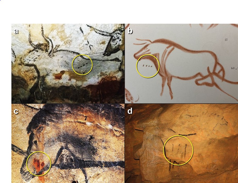 Exemplos de representações de animais em arte rupestre associados a sequências de pontos e linhas