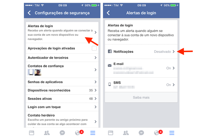 Acessando as configurações de alerta de login do Facebook pelo iPhone (Foto: Reprodução/Marvin Costa)