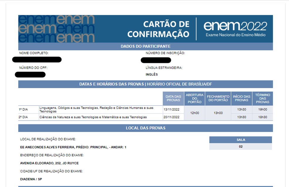 Cartão de confirmação de inscrição do Enem 2022 é divulgado. — Foto: Reprodução