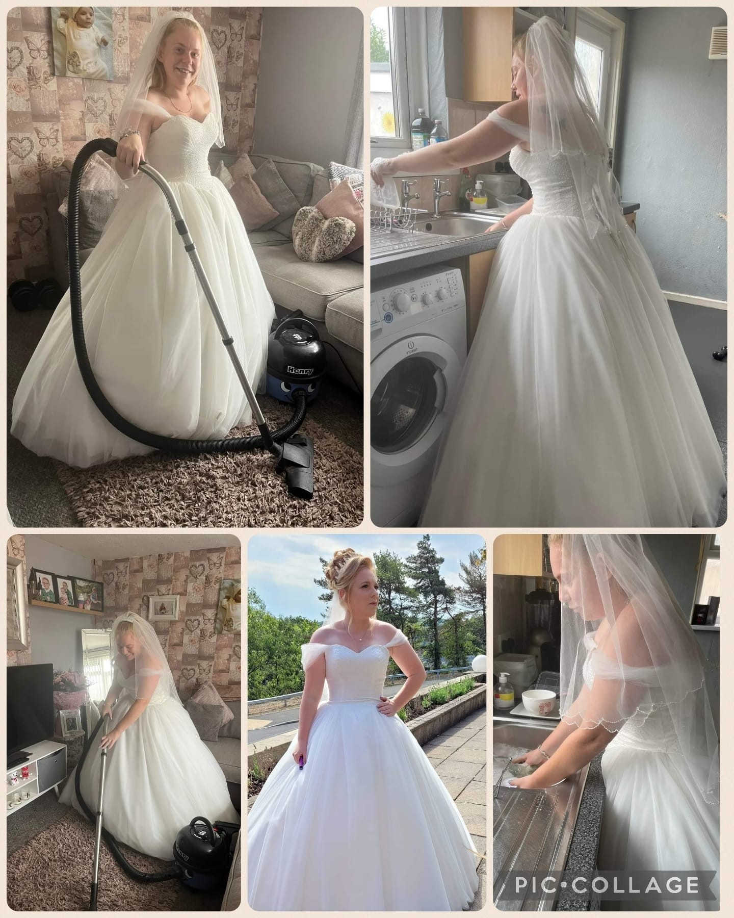 Mãe posta fotos fazendo tarefas do dia a dia com vestido de noiva (Foto: Reprodução/Facebook/Alison B M Patterson)