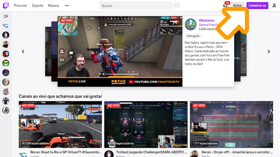 No site de stream Twitch clique em "Cadastrar-se" no canto superior direito para vincular sua conta da Riot Games para Valorant — Foto: Reprodução/Rafael Monteiro