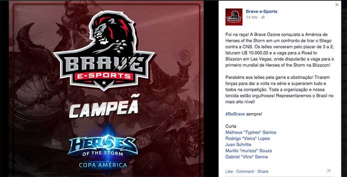 Torneio de Heroes of the Storm teve equipe brasileira como campeã (Foto: Reprodução/Facebook)