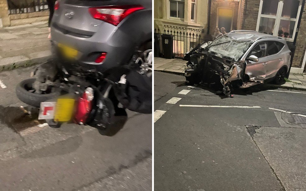 Moto de Guilherme Messias da Silva e o carro que o atropelou, na Inglaterra — Foto: Arquivo pessoal/Rosangela Messias