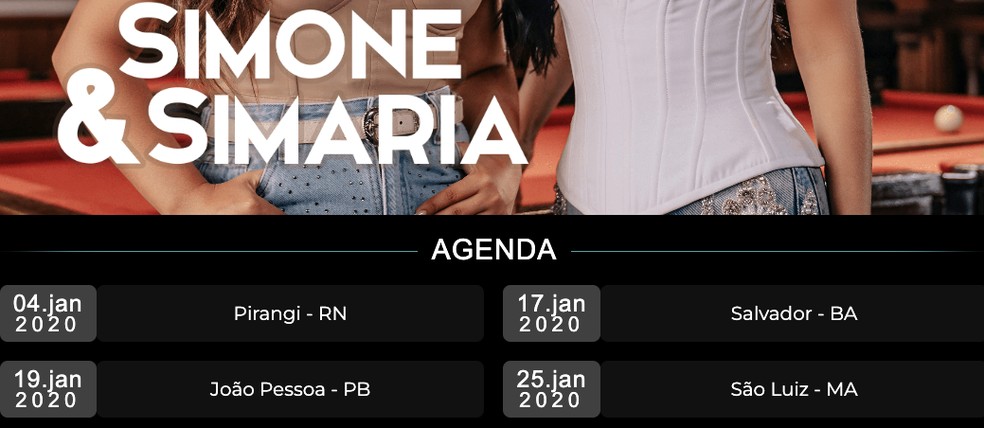 Agenda no site oficial da dupla — Foto: Reproduçao