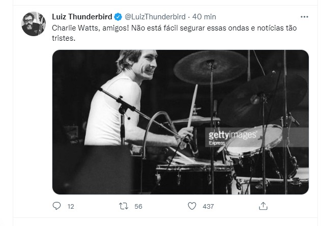 Luiz Thunderbird dá adeus a  Charlie Watts (Foto: Reprodução Twitter)