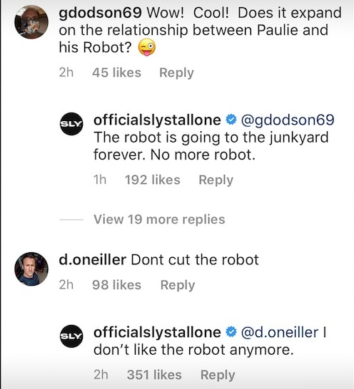 Sylvester Stallone avisando que vai remover as cenas com o robô de Rocky IV (1985) (Foto: Instagram)