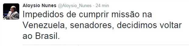 O senador Aloysio Nunes informou, em seu Twitter, que o grupo de senadores decidiu retornar ao Brasil (Foto: Reprodução/Twitter)