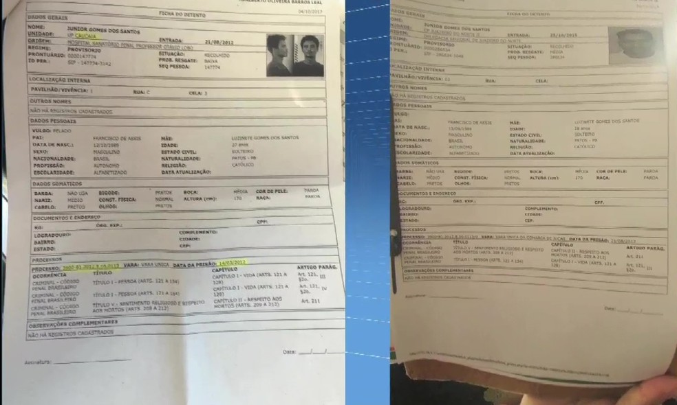 Documentos revelam duplicidade da prisão de homônimos (Foto: TV Verdes Mares/Reprodução)