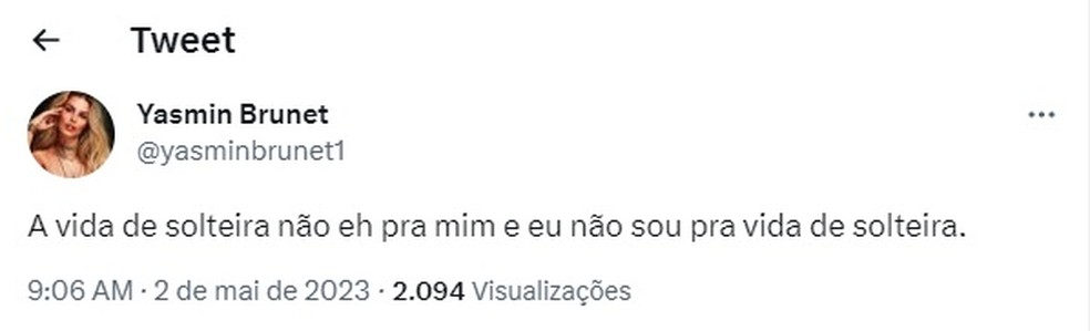 Post de Yasmin Brunet &mdash; Foto: Twitter