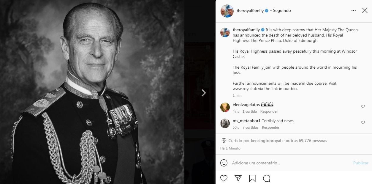 Palácio de Buckinhham anunciou a morte do Duque de Edimburgo na manhã pelas redes sociais (Foto: Reprodução / Instagram)