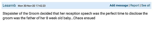 "A meia-irmã do noivo decidiu que a hora do discurso era um bom momento para contar que o noivo era o papai do bebê de 8 semanas que ela estava esperando. O caos reinou" (Foto: Reprodução/Mumsnet)