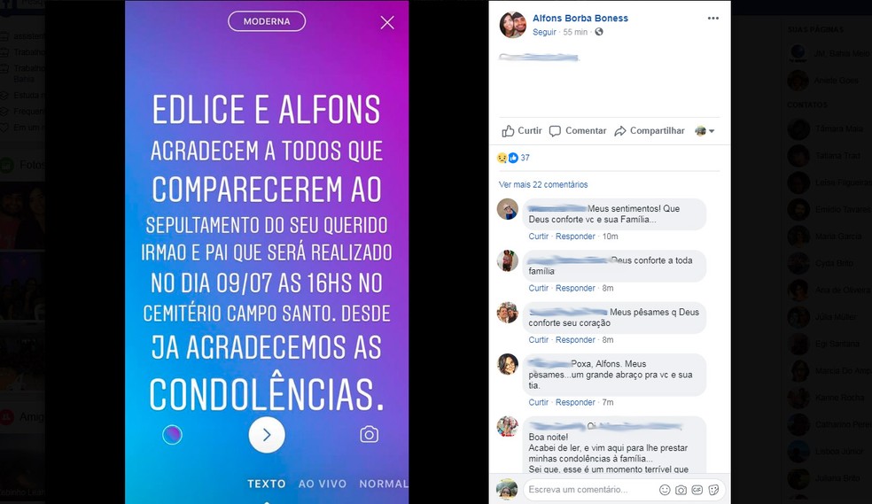 Enterro da vÃƒÂ­tima serÃƒÂ¡ no cemitÃƒÂ©rio do Campo Santo, em Salvador (Foto: ReproduÃƒÂ§ÃƒÂ£o/Facebook)