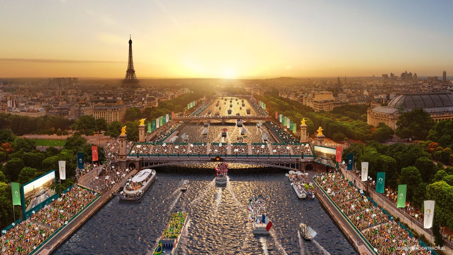 Imagem ilustra como será a cerimônia de abertura dos Jogos Olímpicos Paris-2024, no Rio Sena