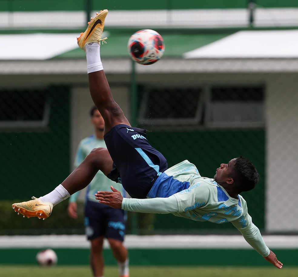 Endrick durante treino do Palmeiras na Academia de Futebol — Foto: Cesar Greco