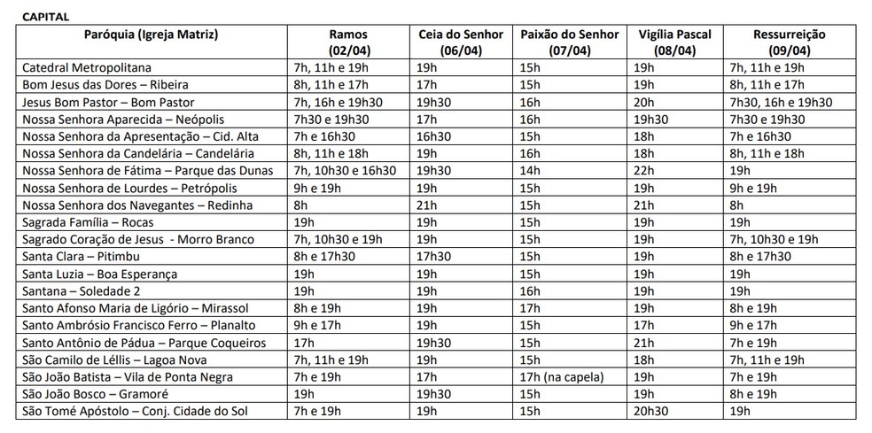 Programação de missas da Semana Santa em Natal — Foto: Reprodução