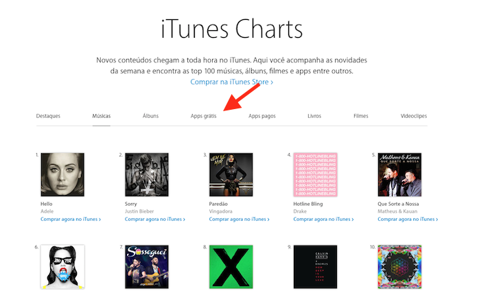 Acessando a página de aplicativos mais baixados na iTunes Brasil Charts (Foto: Reprodução/Marvin Costa)