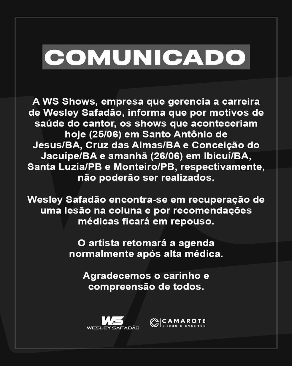 Comunicado informa sobre lesão de Wesley Safadão — Foto: Instagram