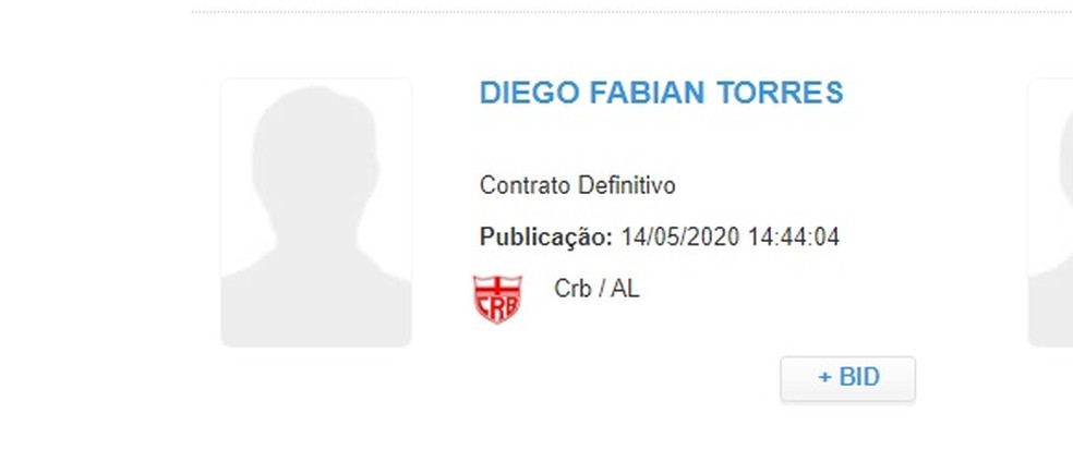 Diego Torres foi regularizado pelo CRB no dia 14 de maio — Foto: Reprodução/CBF