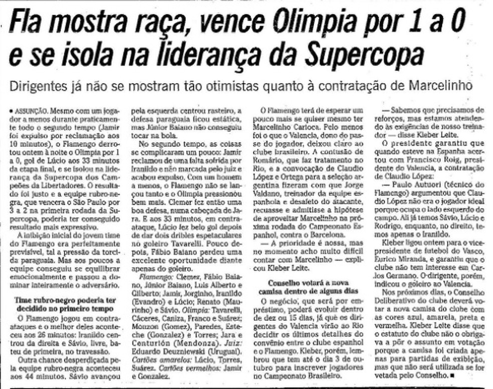 Jornal O Globo sobre a vit&oacute;ria do Flamengo no Paraguai com gol de L&uacute;cio &mdash; Foto: Reprodu&ccedil;&atilde;o
