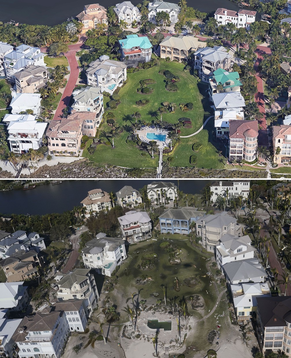 Bairros inteiros foram afetados pelo furacão Ian na Flórida, EUA — Foto: Google Earth e Marta Lavandier/AP