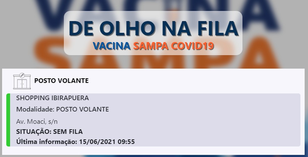 "Filômetro" mostra estágio da espera por vacinação contra Covid-19 em posto volante da capital, na manhã desta terça (15) — Foto: Reprodução/ Prefeitura de SP