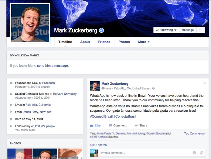 Zuckerberg celebra volta do Whatsapp e agradece 'pressão da comunidade' (Foto: Divulgação/Facebook)