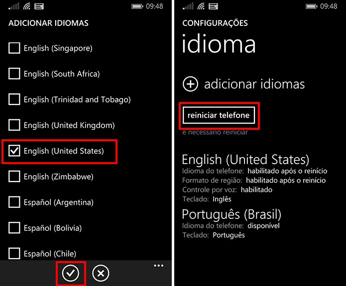 Usuário deve adicionar Inglês americano e reiniciar telefone para ativar Cortana (Foto: Reprodução/Elson de Souza)