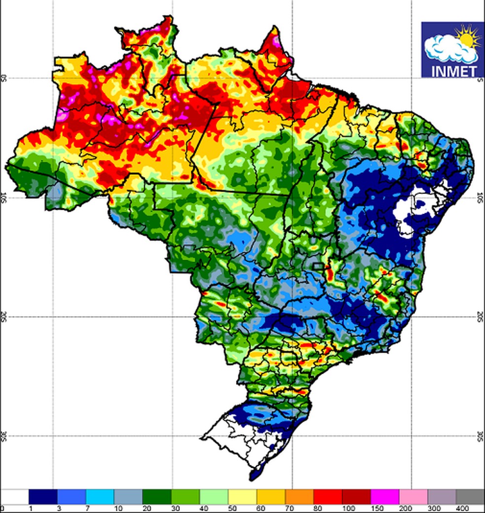 Entre os dias 17 e 24 de abril os maiores volumes de chuva são esperados nas localidades indicadas pelas cores laranja, vermelho e rosa no mapa. — Foto: Reprodução/Inmet