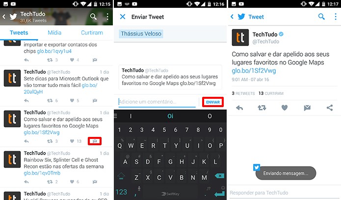 Twitter para Android e iOS pode ter tuíte compartilhado por mensagem direta (Foto: Reprodução/Elson de Souza)