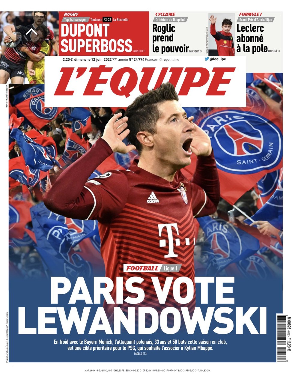 L'Equipe deste domingo destaca que Lewandowski é uma prioridade no PSG — Foto: Reprodução/L'Equipe