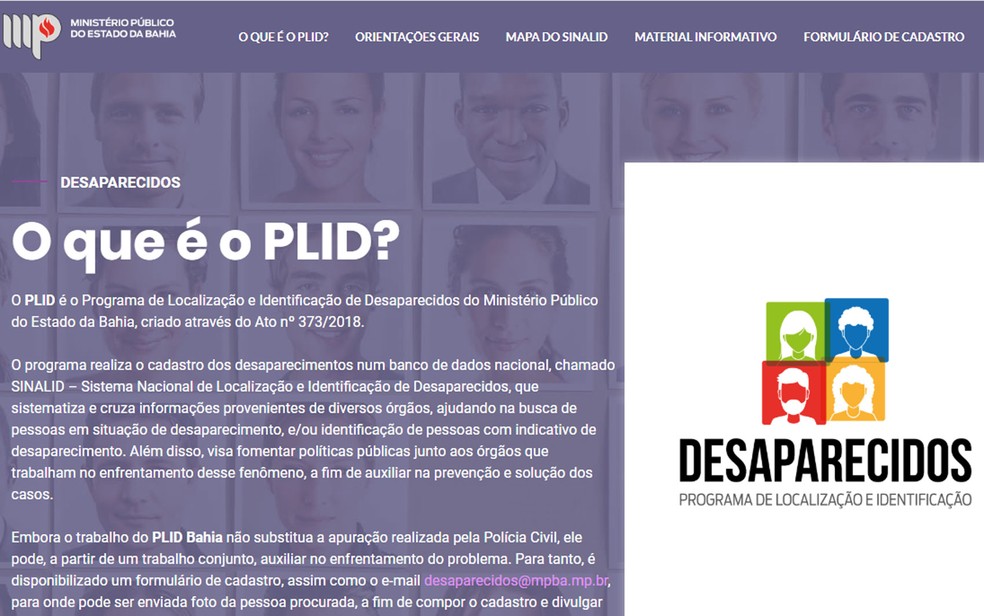 Site de programa de localização e identificação de pessoas desaparecidas é lançado pelo Ministério Público da Bahia — Foto: Reprodução