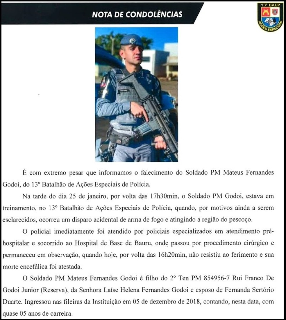 Morre policial militar atingido por tiro no pescoço durante treinamento em Bauru — Foto: Polícia Militar/Divulgação