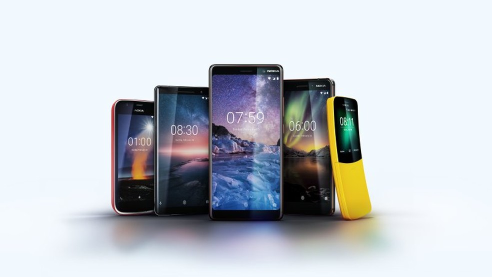 Celulares lançados pela HMD Global, dona da marca Nokia: Nokia 1, Nokia 6, Nokia 7 Plus, Nokia 8 Sirocco e Nokia 8810. (Foto: Divulgação/HMD Global)