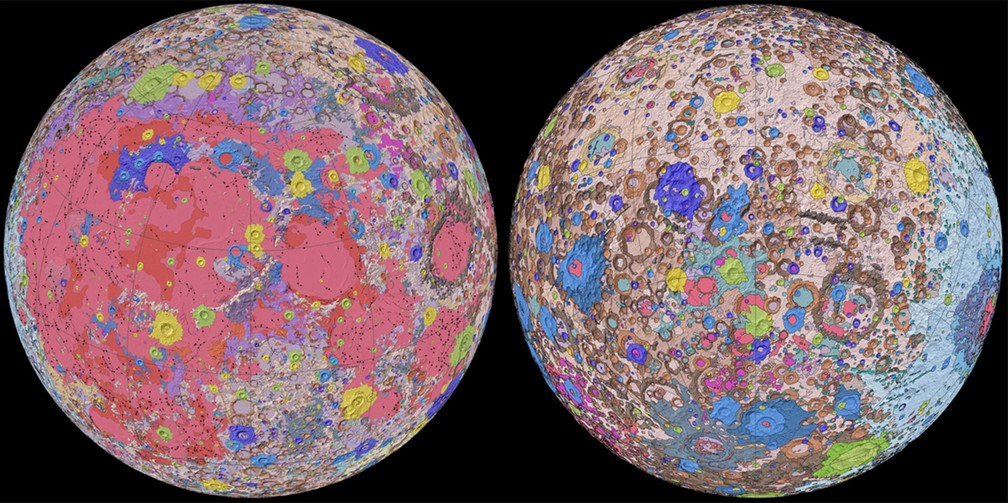 Mapa Geológico Unificado da Lua é o mais detalhado já feito para entender a superfície do satélite — Foto: NASA/GSFC/USGS