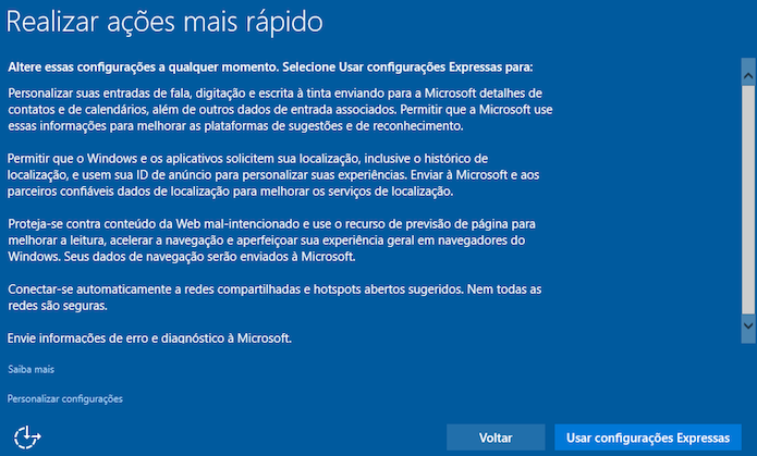 Configuração inicial do Windows 10 (Foto: Reprodução/Helito Bijora)