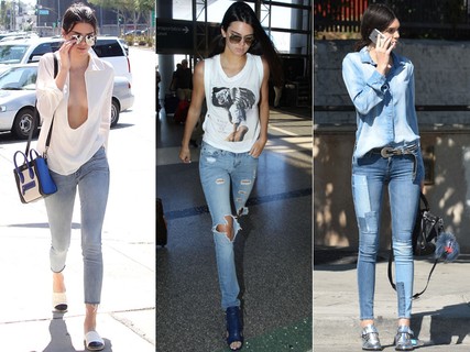 A peça essencial do closet de Kendall Jenner é o jeans. Para produções casuais, a top adora uma calça - seja de lavagem escura ou clara, destroyed ou skinny - combinada com uma t-shirt, camisa ou top cropped