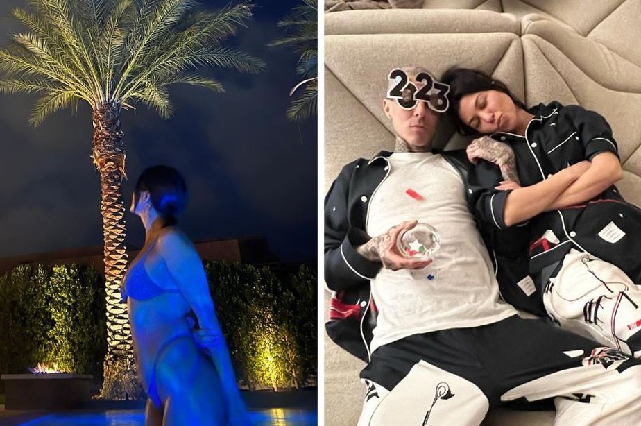 Kourtney Kardashian posa de biquíni; a empresária ao lado de Travis Barker, seu marido