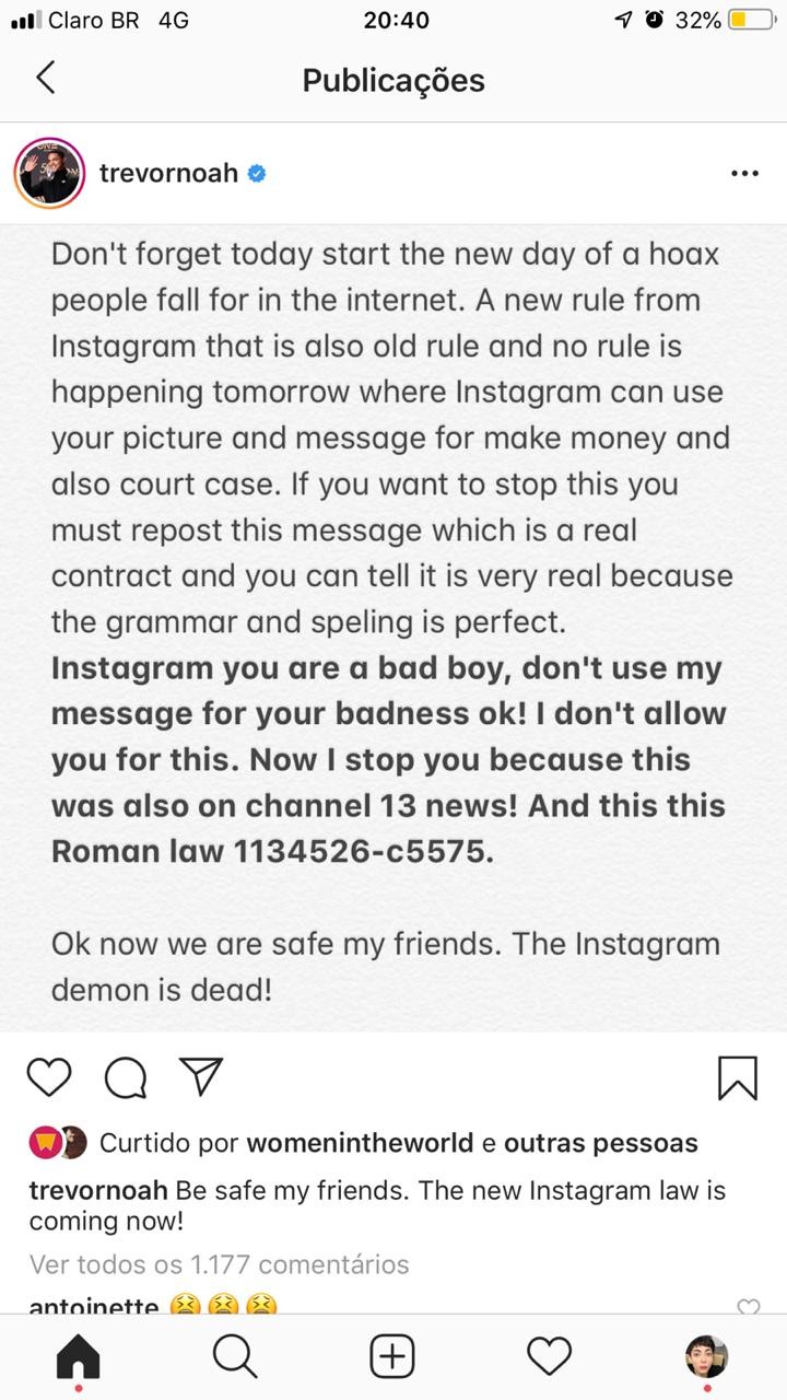 Post de fake news que viralizou no Instagram vira piada (Foto: Reprodução / Instagram)
