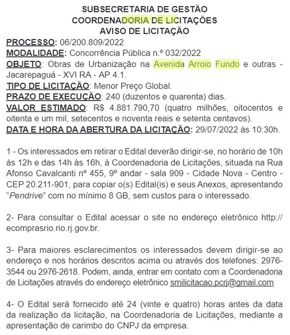 Licitação de obras na Avenida Arroio Fundo no Diário Oficial do Rio — Foto: Reprodução
