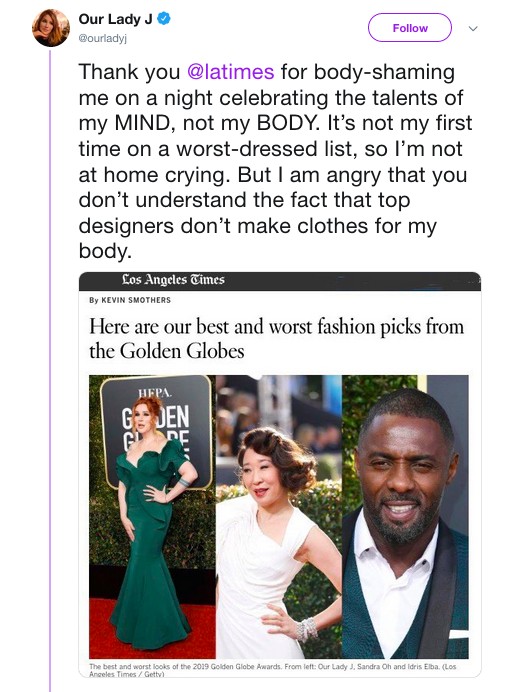 O lamento da atriz, produtora e roteirista Our Lady J sobre as críticas feitas ao vestido dela no Globo de Ouro 2019 (Foto: Twitter)