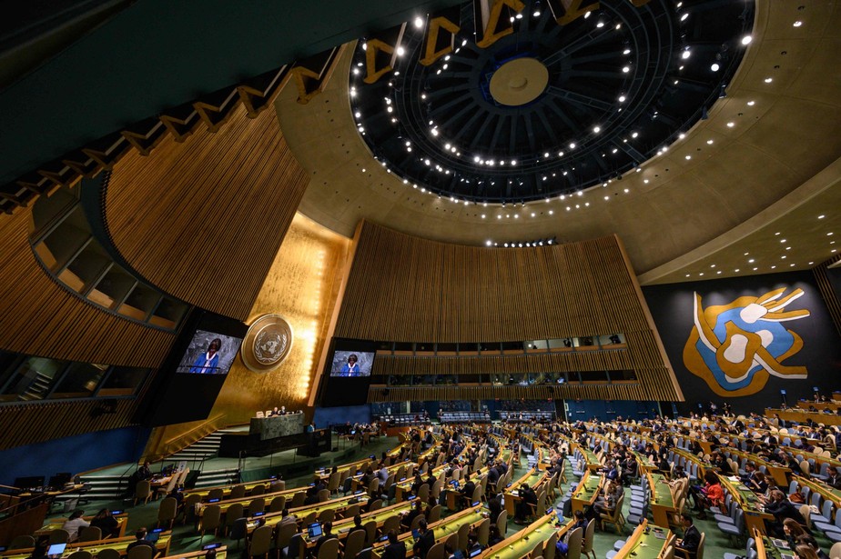 Visão geral da reunião da Assembleia Geral da ONU na sede das Nações Unidas em Nova York