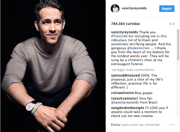 O agradecimento de Ryan Reynolds pela menção ao seu nome na lista dos 100 mais influentes da revista Time (Foto: Instagram)