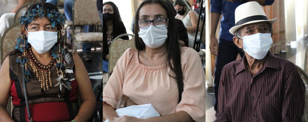 Três primeiros imunizados em Roraima: indígena Macuxi Iolanda Pereira da Silva; técnica em enfermagem Gilda Aparecida de Oliveira Silva; e o idoso  José Ribeiro Pereira da Silva — Foto: Vanessa Fernandes/G1 RR