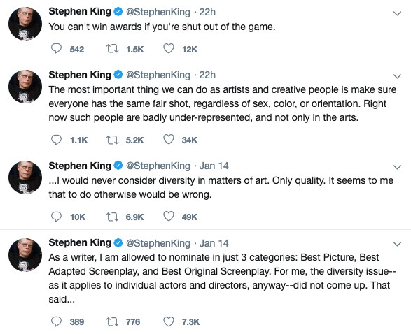 Os tuítes polêmicas de Stephen King amenizando as críticas à falta de diversidade no Oscar 2020 (Foto: Twitter)